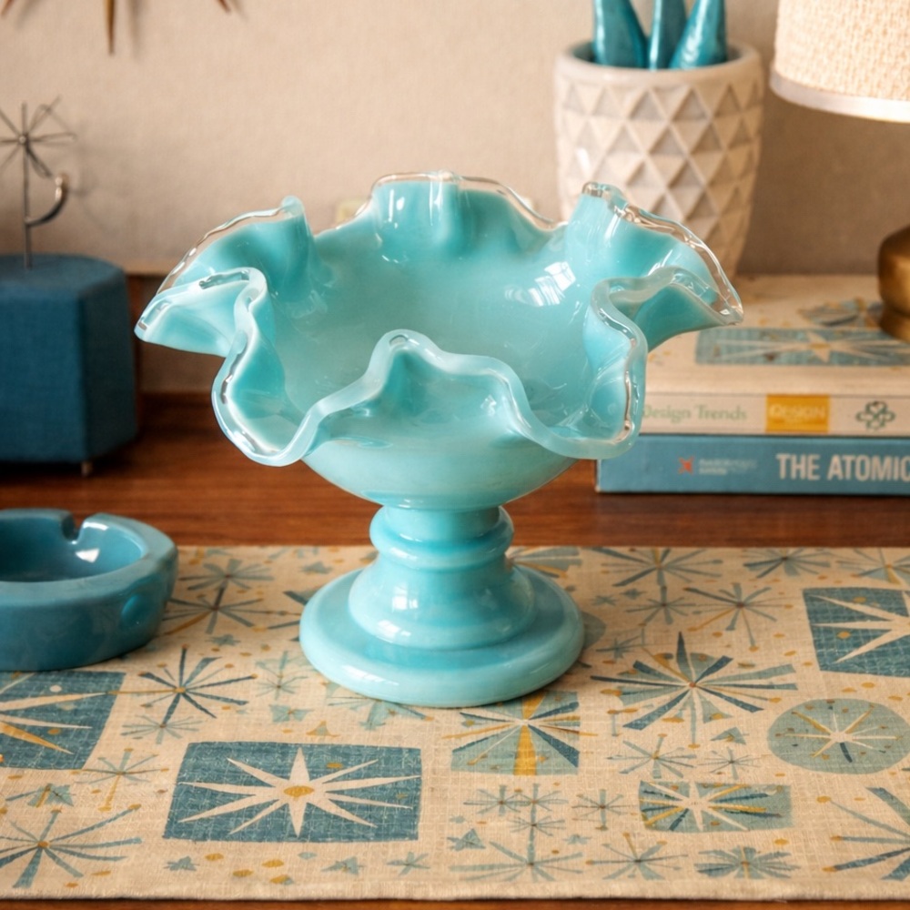 Vintage Fenton Silver Turquoise Crest Crimped Compote MCM Pedestal Bowl - Picture 15 of 16